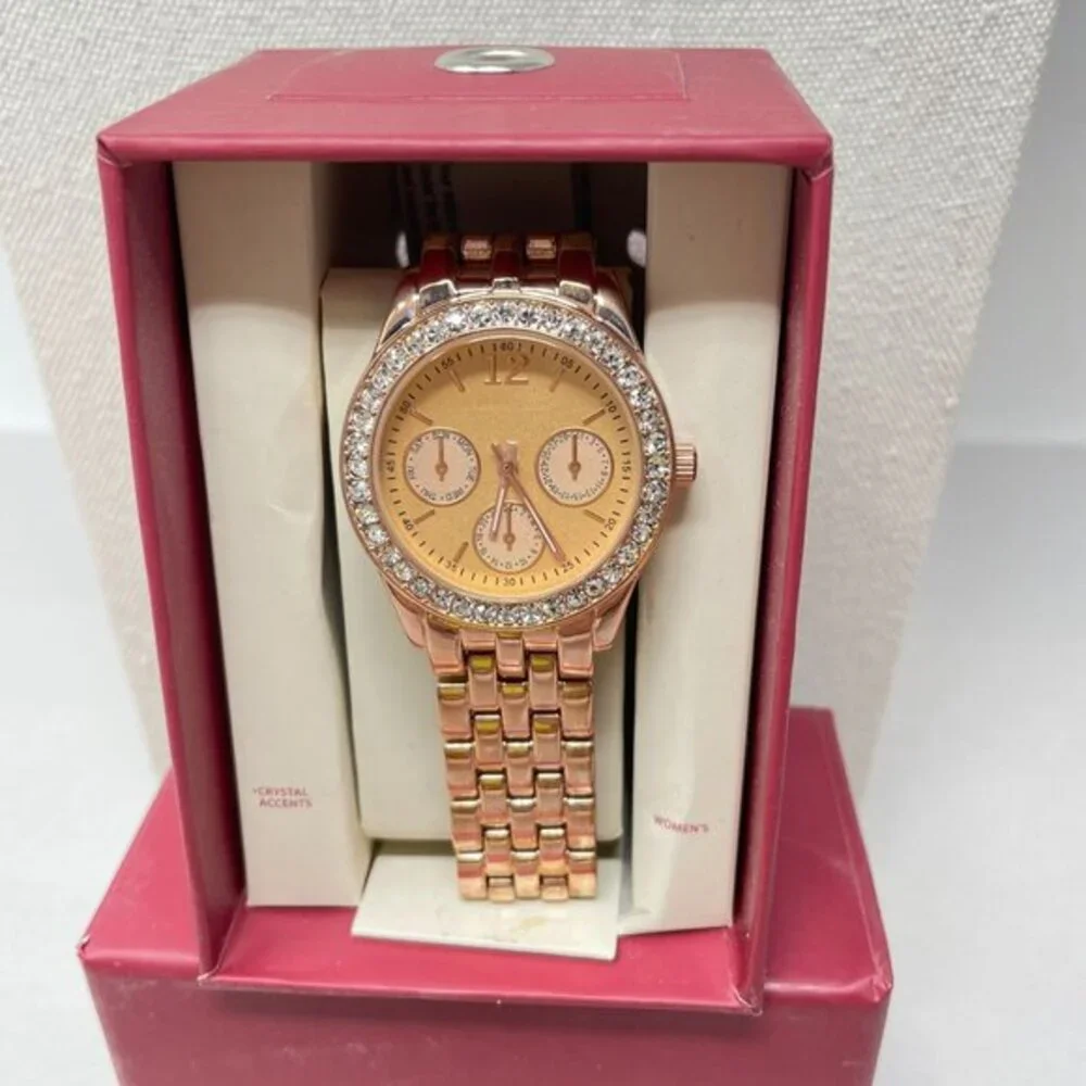 Merona Rose‎ Gold-Tone Crystal Inlay Analog Womens Watch New